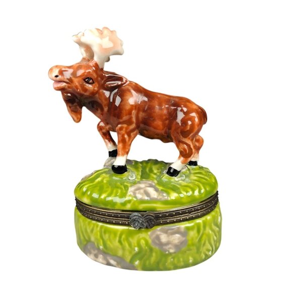 Vintage Hand-Painted Moose Trinket Jewelry Box Hinged Lid Ceramic Figurine - Picture 1 of 8